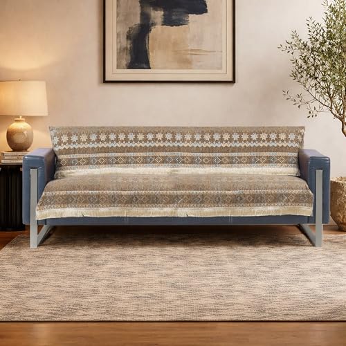 Image of Elegant Woven Brown Sofa Cover - Soft Chenille Traditional Pattern with Lace Style | L-Shape Sectional Seat Protector for Living Room | Durable & Stylish Slipcover 3 Seater Sofa