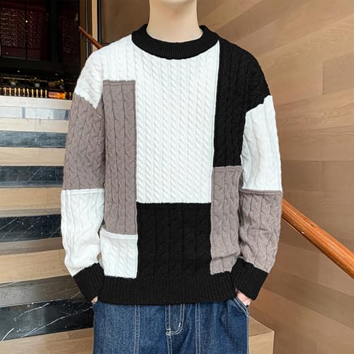 Unisex Mens Vintage Patchwork Cable Knit Sweater Casual Mockneck Colorblock Pullover Sweaters Fashion Jumper Sweater4