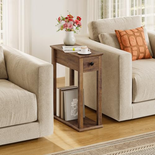 Image of Farmhouse End Table, 2-Tier Narrow Side Table with Drawer, Wooden Nightstand, for Small Space, Living Room, Bedroom