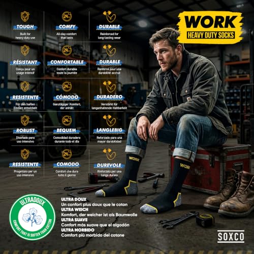 Image of SOXCO 10 Pairs Men's Work Socks, Black Crew Length | DRI-WIK Moisture Wicking Technology | Reinforced Heel & Toe 6 /10 Pairs