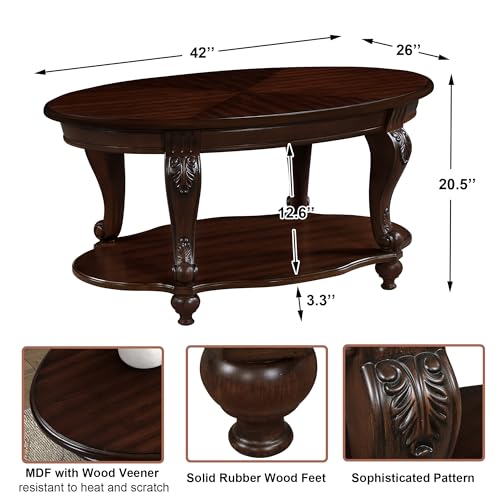 Amposei-Traditional-Vintage-Wood-Coffee-Table-42-Inch-Oval-Cocktail-Table-Center-Table-with-Storage-Shelf-for-Living-Room-Easy-Assembly-Cherry Amposei Traditional Vintage Wood Coffee Table 42 Inch Oval Cocktail Table Center Table with Storage Shelf for Living Room Easy Assembly Cherry
