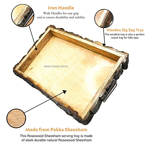 Image of Sheesham Wooden Tray, Nested Handmade & Handcrafted Rectangular Serving Platter - Size (37 x 25 x 4.5 cm) (Wooden Tray, Nested Handmade)