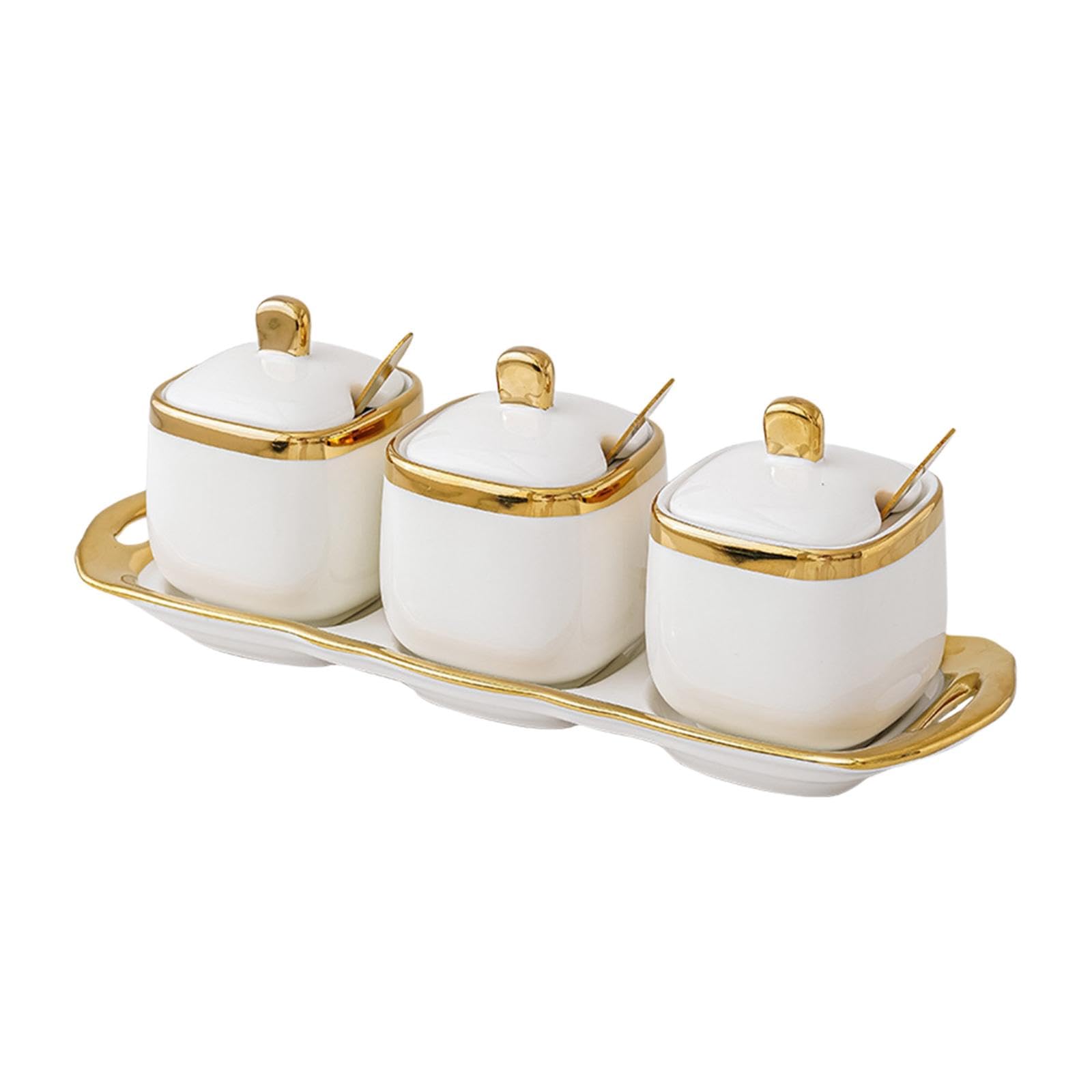 Keramik-Gewürzdosen-Set – Küchenbehälter für Zucker, Salz und Gewürze mit Löffel und Deckel – ideal für die Organisation Ihrer Gewürze