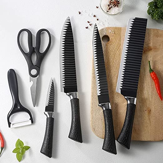 Image of High-Carbon Stainless Steel Kitchen Knives - 6 Pcs Set (Black)