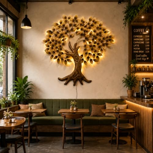 Image of Bharat Art Metal Big Tree Wall Art with LED Light Handcrafted Iron Wall Hanging for Living Room Bedroom Hall Office Entrance | Zora Tree B Golden 45 x 2 x 45 Inch | WD111 (B)