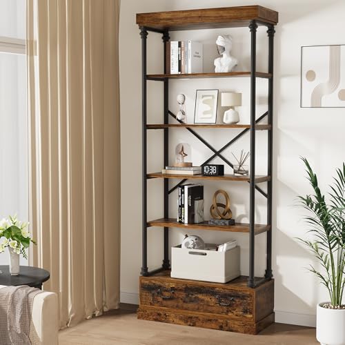 5 Tier Bookshelf with Storage Drawer, 81" Tall Book Shelf Vintage Bookcase w/Metal Frame, Rustic Open Bookshelf for Living Room Offic Bedroom Library (Brown)