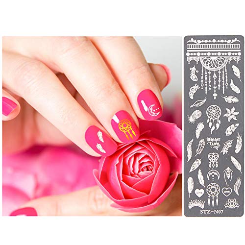 NICENEEDED Nail Art Stempelplatten Bildvorlage mit Blättern Feder Liebe Mond Traumfänger für Nageldesign Maniküre Druck DIY Nageldesign Nagellack Transferwerkzeuge (Blätter 1) – Bild 6