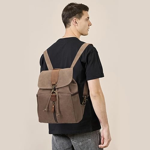 Miniatura 6 de KL928 Mochila de lona Mochila grande casual vintage para viajes al aire libre, mochila de senderismo para hombres y mujeres, marrón