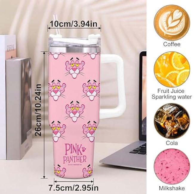 1pc 40oz Pink Panther Pattern Tumbler with Lid, Insulated Travel Mug, Gift for Women Men, Ideal for Halloween, Independence Day, Memorial Birthday Gift, Coffee Cup, weird stuff