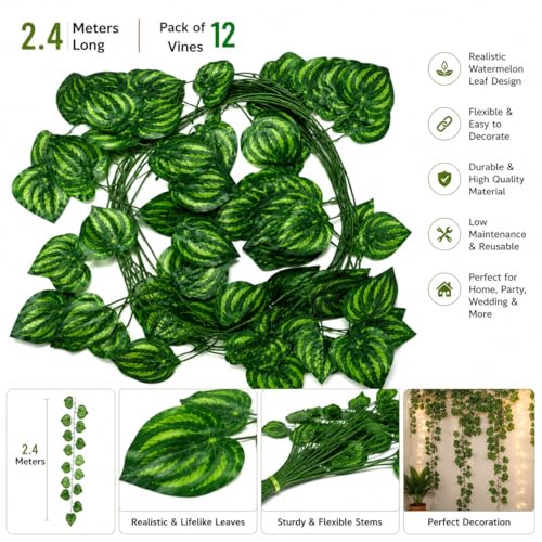 Image of Artificial Hanging Vine Garland 2.4m (Pack of 12) | Realistic Watermelon Leaf Creeper for Home, Balcony, Wall Decor, Wedding Decoration, Event Backdrop & Party Decoration