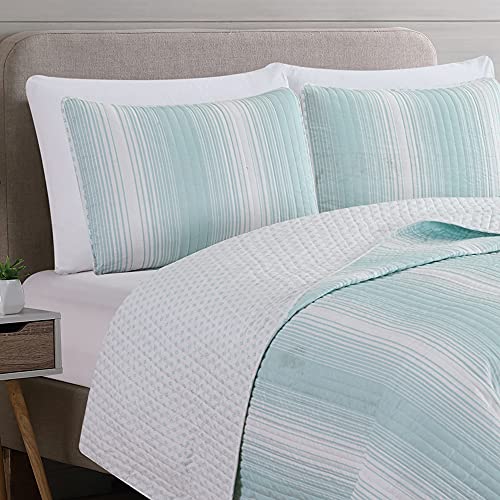 Great Bay Home Bedding Set, 3 Piece Reversible Blue Quilt Comforter With 2 Shams, Lightweight, All-Season, Modern Bedspreads, Ombre Striped Coverlet Sets, Everette - Seafoam Blue Collection, King #TOP2
