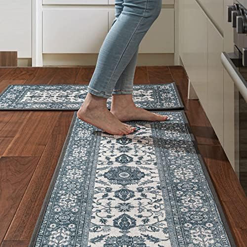 ILANGO Kitchen Rugs and Mats Non Skid Washable 2 Pcs, Absorbent Kitchen Runner Rugs for Floor, Front of Sink, Long Comfort Standing Mats for Entryway Hallway 17"x32"+17"x48" (Blues Retro)