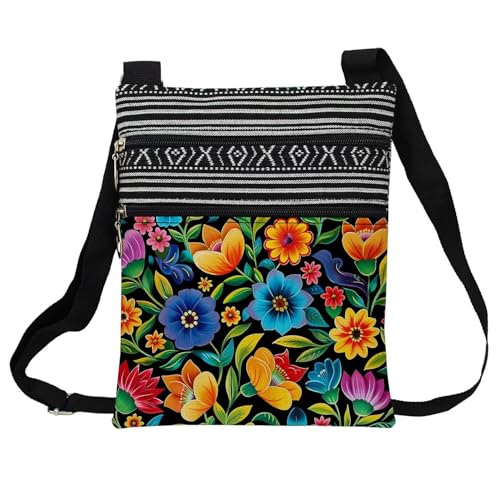 Colorful Flower Messenger Bag Small Ethnic Pattern Printed Adjustable Strap Crossbody Zipper Bag Colorful Flower Phone Bag Wallet Cute Shoulder Handbag for Women Friends -1