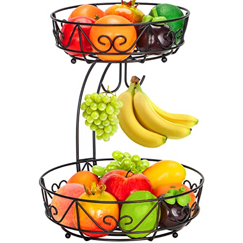 Mutool Fruit Basket Fruit Rack 2 Tier Fruit Bowl with Banana Hanger Desktop Fruit Rack with bana tree Metal Fruit Basket Storage Rack Keeps Fruits and Vegs Fresh (Black) (2 Tier Fruit Basket)