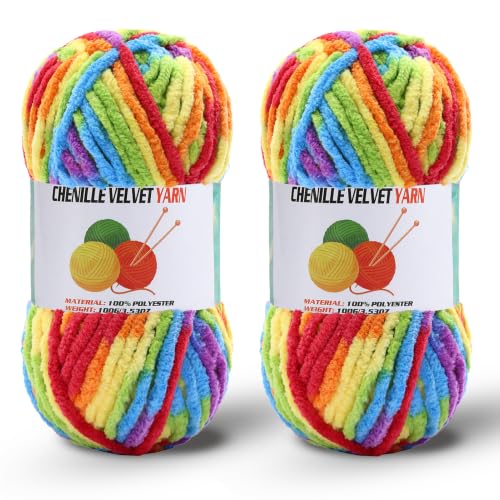 Image of 2 * 100g /3.5oz Fluffy Chenille Yarn for Crocheting, Chunky Velvet Yarn for Crochet Amigurumi, Used for Making Baby Yarns Blanket, Clothes, Pattern Knitting Creations (Bright Rainbow)