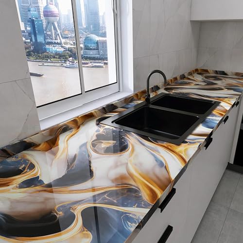 Image of Marble Wallpaper Peel & Stick Blue Gold Design Waterproof Self Adhesive Vinyl Sheet for Kitchen Countertop Cabinets Bathroom Removable Decorative Roll (60X200 CM) Pack of 1