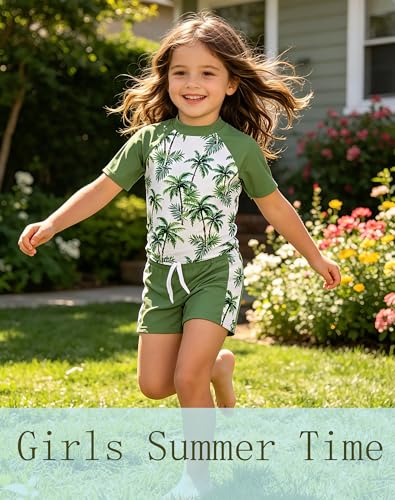Image of Lovekider Girls Swimsuits Two Piece Rash Guard Set Short Sleeve Bathing Suit Liner Swimwear with Sun Protection 3-12T