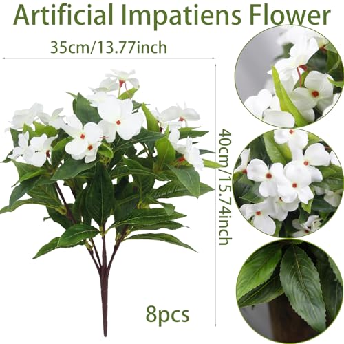 FAICOIA 8 Pcs Artificial Impatiens Flowers for Outdoors Faux Impatiens Bushes White Silk Flowers Greenery Artificial Impatiens Bouquet for Patio Lawn Garden Pot Hanging Basket Porch Decoration - Image 2