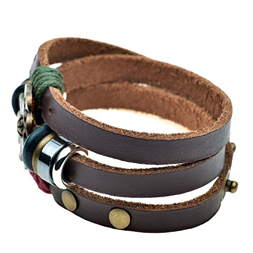 CELOKIY Women's Boho Brown Leather Wrap Bracelet with Brass/Bronze Lotus Flower Stack Trendy Jewelry3