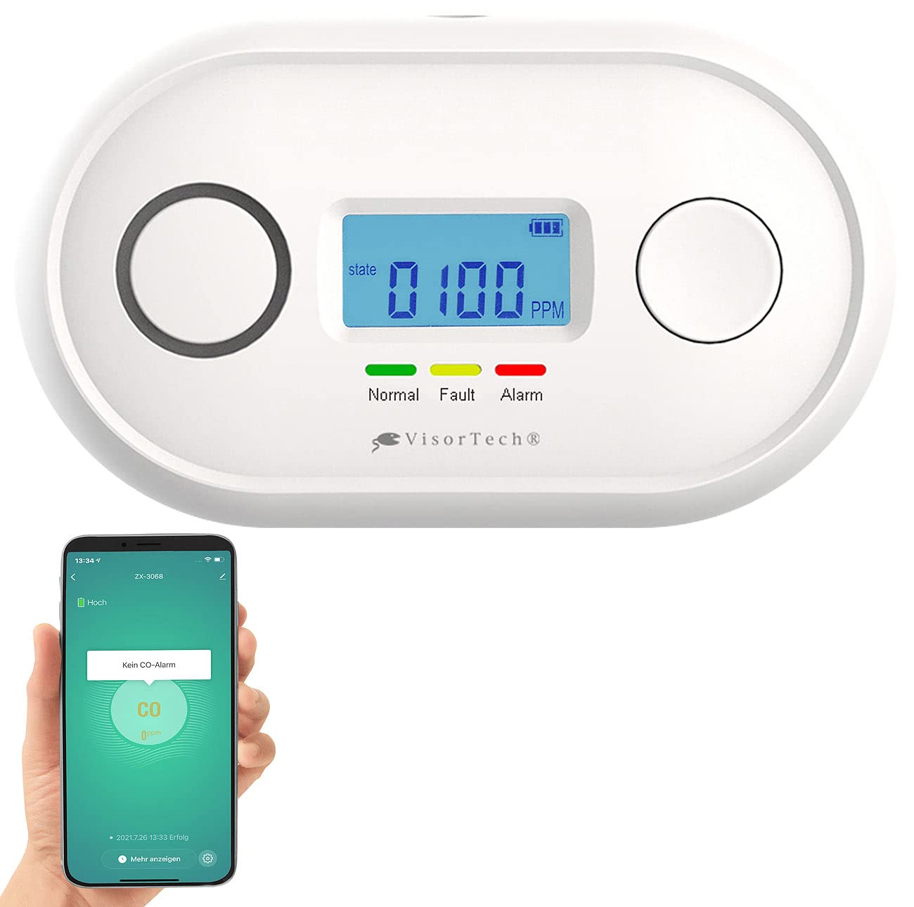 VisorTech WLAN CO Melder: WLAN-Kohlenmonoxid-Melder, LCD-Display, App, 85dB, gem. DIN EN 50291-1 (Kohlenmonoxidmelder WLAN, Kohlenmonoxidmesser, Rauchmelder)