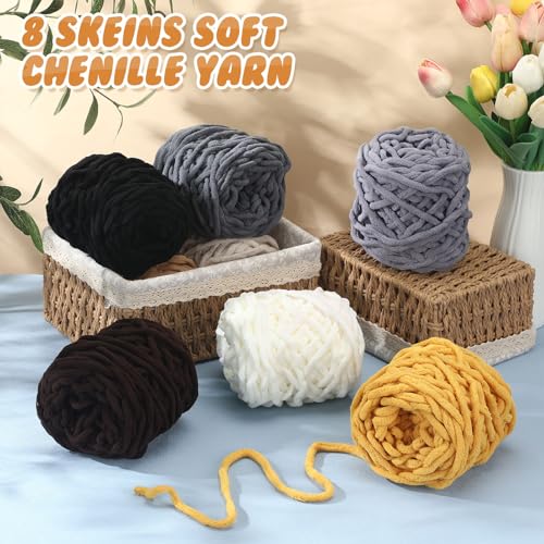 Image of Buryeah 8 Pack Chunky Chenille Yarn for Crocheting Soft Thick Fluffy Yarn for Hand Knitting Bulky Velvet Blanket Plush for Weaving DIY Crafts Each 3.5 oz 55 Yards (Brown Series)