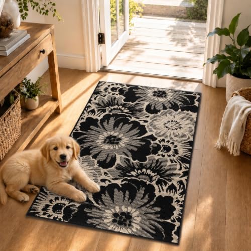 Tapete decorativo floral lavable 3x5 negro y beige miniatura 2