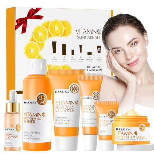 HASAIKA® Vitamina C Pack Regalo, Set de Cuidado Facial con Vitamina C Incluye Limpiador de Tóner, Crema Facial y Suero, para Nutre e Hidrata el Rostro, 6 piezas