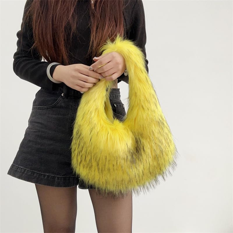 Image of Faux Fur Hobo Shoulder Bag for Women - Large Cute Fluffy Tote Plush Handbag Y2K Furry Purse