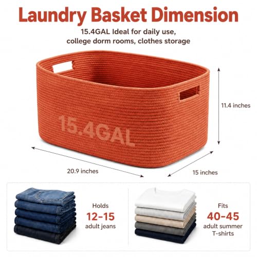 Image of 15.4GAL Rope Laundry Basket for Dorm, Cute Boho Square Woven Basket for Living Room Throws Pillow Blanket Storage, Short Dirty Clothes Hamper for Baby Girls Boys Toys Stuffed Animal Towel Terracotta