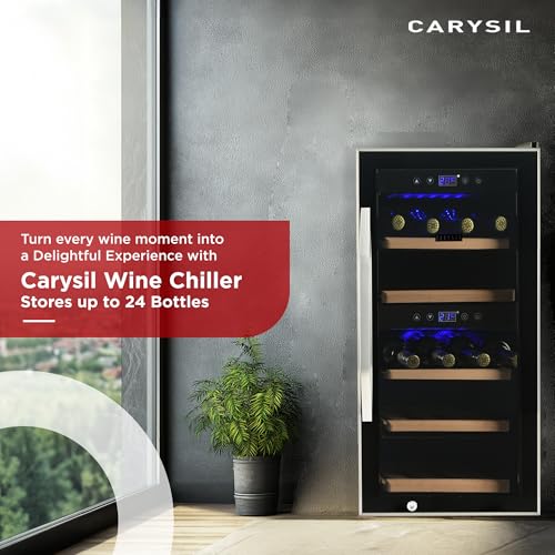 Image of Carysil Wine Chiller, Stores up to 24 Bottles, Free Standing, Dual Cooling Zone (3C-12C White & 12C-20C Red Wine), Adjustable Wooden Shelves, Toughened Glass Door, LED Display, Ideal for Home