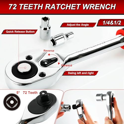 TLGREEN 108-Pieces 1/4" and 1/2" Drive Sockets Set, 72 Teeth Reversible with Quick Release, CR-V Deep Sockets Kit with Extension Bar, Coupler, Ratchet and Wrench, Mechanic Tools for DIY, Car Repair - Image 4