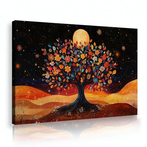 Impression sur toile arbre coloré et fleurs affiche murale 21x30cm