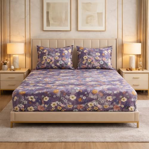 Image of BSB HOME Cloud Cotton King Size Fitted Bedsheet 78 x 72 + 10 Inches | 220 Thread Count Soft & Breathable Cotton Fitted Bed Sheet with Elastic, Deep Pocket Bedding for Home (Lavander)