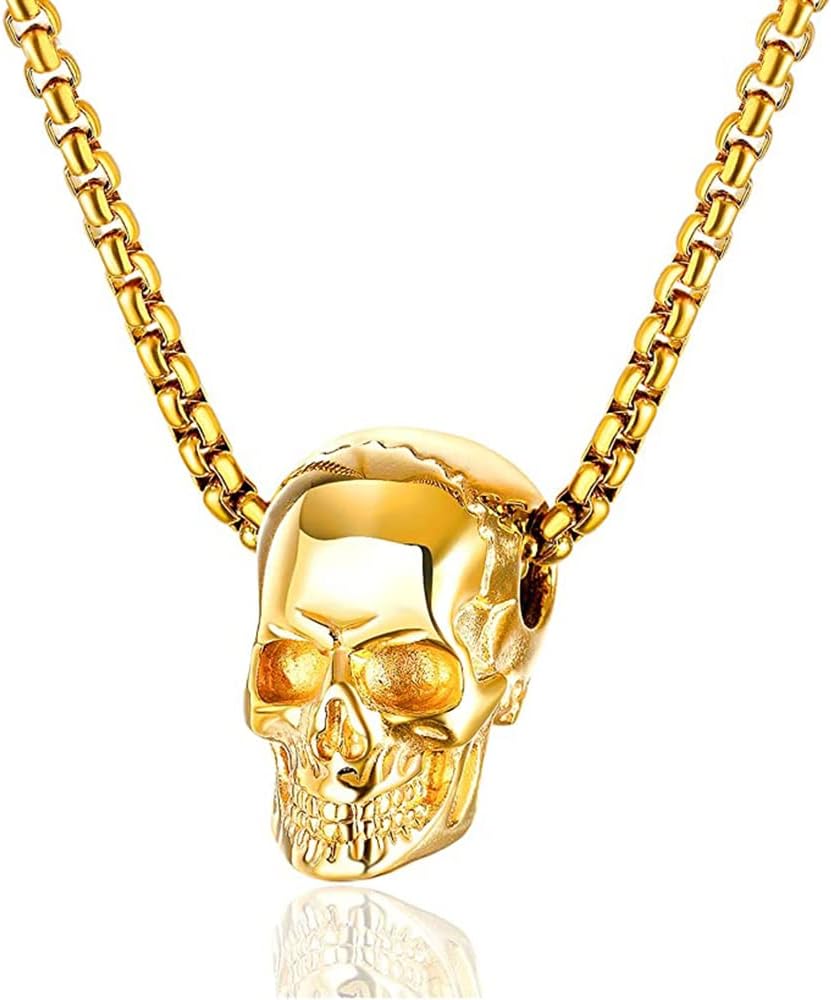 Koguxuix Fashion Jewelry Stainless Steel Skull Pendant Necklace for Men Punk Rapper High Polished Skull Head Hip Hop Pendant Necklace with 22 Inches Box Chain for Women Men (Gold)