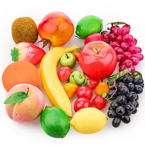 Funzhan 23pcs Fake Fruit Pack, Plastic Fruits Artificial Fruit Set for Decoration Party, Realistic Faux Fruits Table Centrepieces Decor Home Kitchen, Lifelike Fake Apples Decor Desk Ornament Props