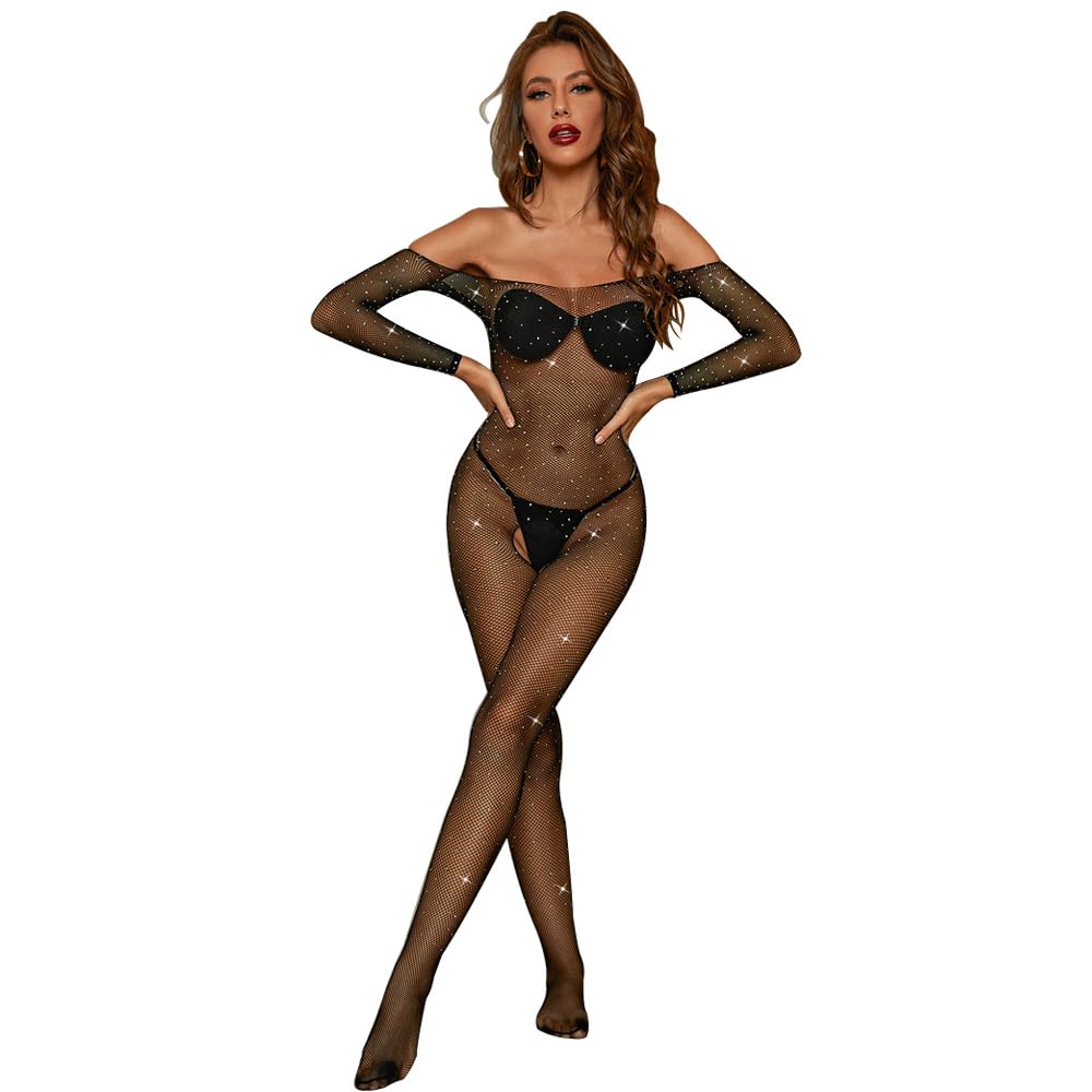 Women's Lingerie Fishnet Bodysuit Sparkly Rhinestone Sexy Mesh Teddy Lingerie Glitter Crystal Stocking, Black-1, Medium