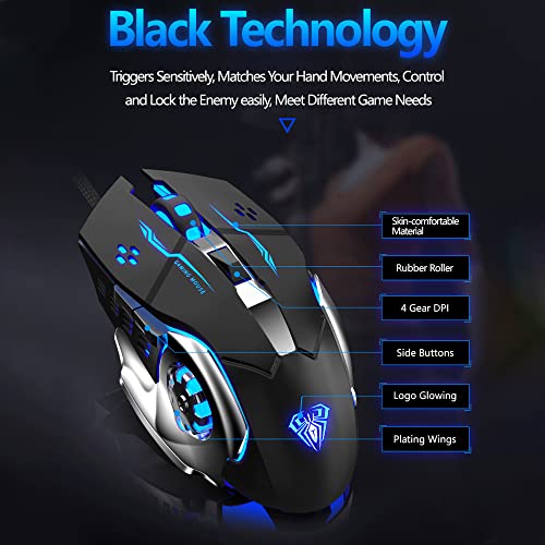 Aula S20 Gaming Mouse, Wired Usb Computer Mouse With Rgb Led Backlit, Dpi Adjustable, Pc Gaming Mice With 6 Programmable Macro Buttons For Desktop, Laptop, Pc, Mac - Black #TOP1