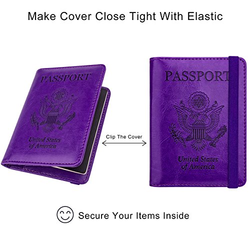 Image of WALNEW Passport Holder for Travel, RFID Passport Cover Wallet for Women Men, PU Leather Passport Book Card Holder Case with Pen (Elastic Band Closure, A-Purple)