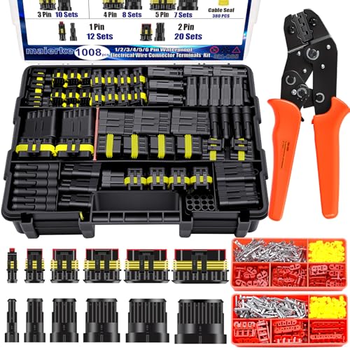 maierke 1008PCS 63 Sets Waterproof Automotive Electrical Connectors Waterproof Wire Connectors Automotive Replacement Ignition Plug Connectors 1/2/3/4/5/6 Pin with Ratcheting Crimper Pliers