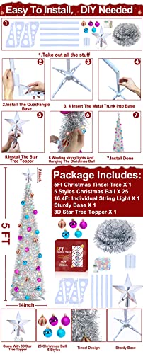 5 Ft Prelit Tinsel Pop Up Christmas Tree With Timer 50 Color Lights 30 Ball Ornaments Star Topper Battery Operated Pencil Artificial Slim Tree Xmas Decoration Home Party Indoor Outdoor (Silver) #TOP1