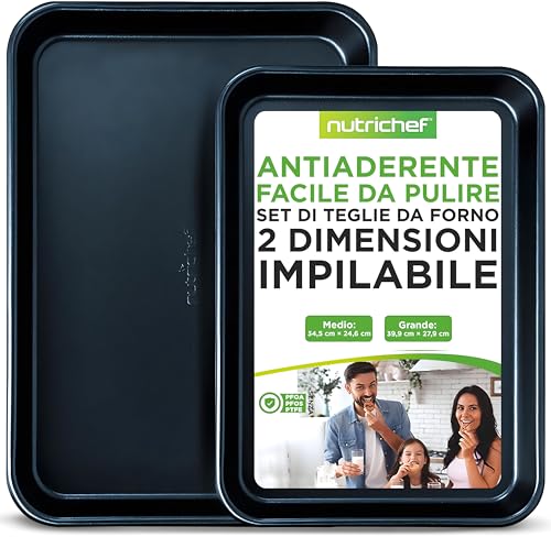 Nutrichef Set di Teglie da Forno per Biscotti, Pane, Pizza, Dolci, Focaccia, Teglie Forno Antiaderenti Set da 2 Pezzi Grandi e Medi, Impilabili e Resistenti, Diamante Blu