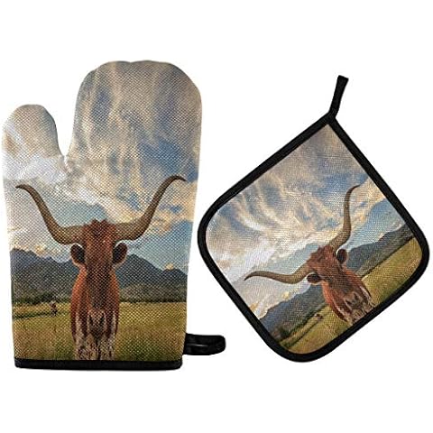 QMIN Oven Mitts Potholder Set Texas Wildlife Longhorn Cow Animal Heat Resistant Kitchen Oven Gloves Hot Pads Kits for BBQ Cooking Baking Grilling Pans Cover