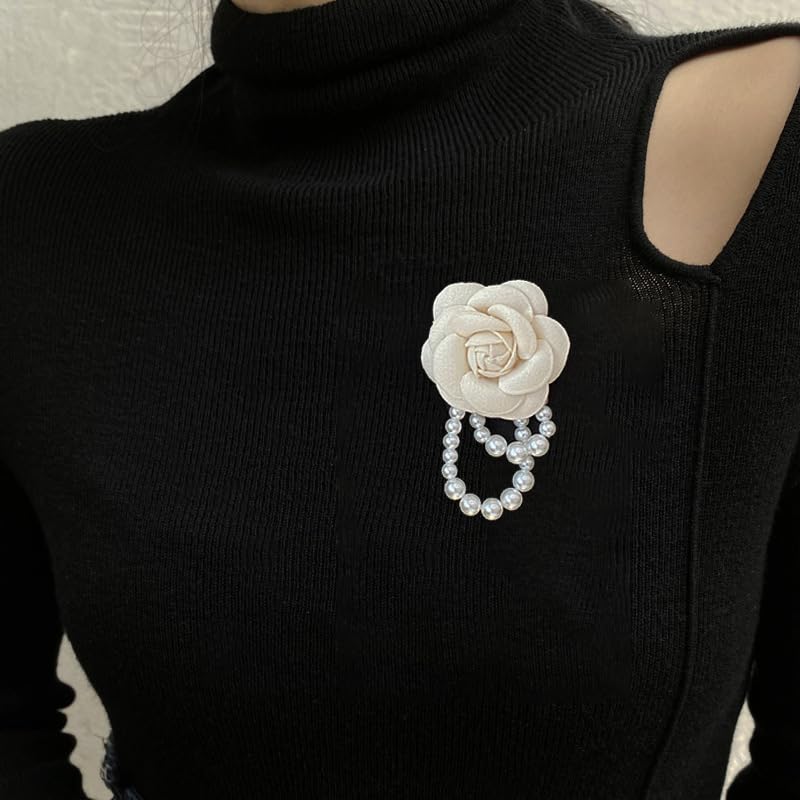 Image of Fabric Camellia Flower Brooch Pins Pearl Tassel Brooches Hair Hairpin Headpieces Shawl Clips Shirt Jacket Wedding Clothes Accessories Jewelry for Women Fashion