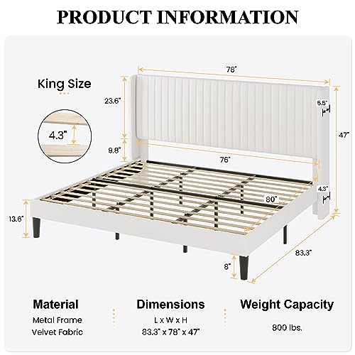Image of SHA CERLIN King Size Velvet Bed Frame, Tufted Wingback Headboard, White | 47'' Modern Vertical Channel Headboard, Upholstered Platform Bed, Wood Slats, No Box Spring Needed, Easy Assembly, Noise Free