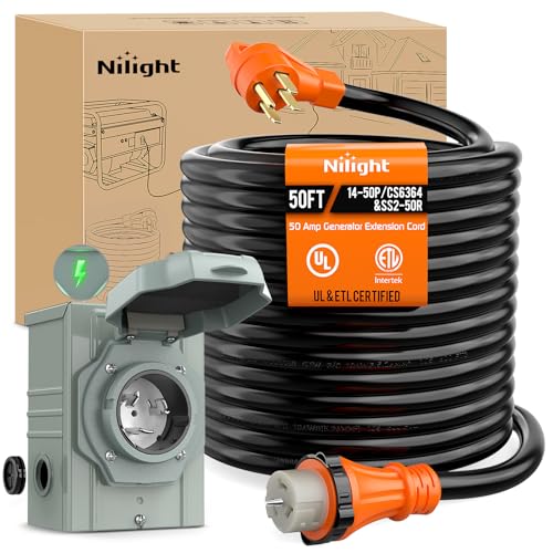 Image of Nilight 50A 50FT Generator Extension Cord and Power Inlet Box 125 /250V Heavy Duty 6 /3+8 /1 Gauge STW ETL Listed NEMA 14-50P /SS2-50R Twist Lock Connector for RV Outdoor Use
