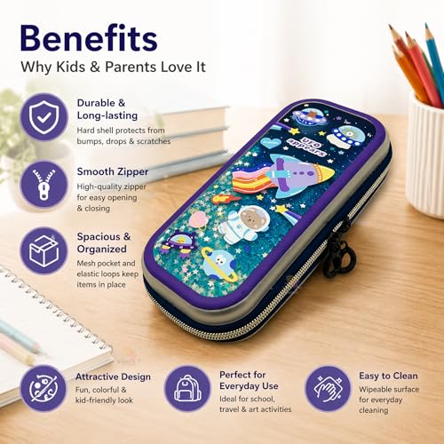 Image of WISHKEY Cute Cartoon Printed Pencil Case for Kids, Hard Shell EVA Zipper Pouch with Compartments, Multipurpose Pencil Box Organizer for School Supplies, Stationery Storage for Boys & Girls Space