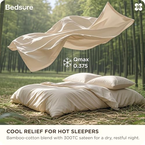 Image of Bedsure Cooling Duvet Cover Queen Size, Cotton & Viscose Derived from Bamboo Duvet Cover Set, PureWoven Ultra-Soft, Breathable & Lightweight Home Bedding for All Seasons (Beige, 90 inchx90 inch)