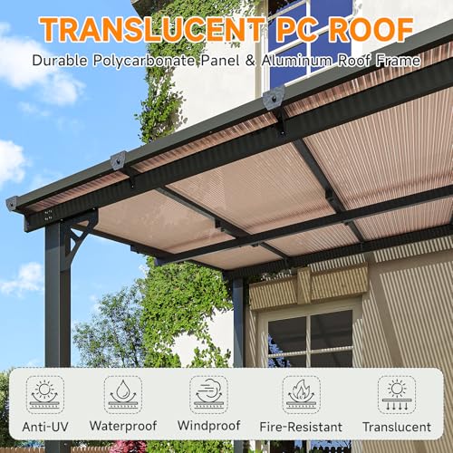 Image of 10x10FT Lean to Gazebo, Hardtop Metal Pergola with Polycarbonate Roof, Large Wall Mounted Heavy Duty Awnings, Patio Canopy for Backyard, Deck, Porch