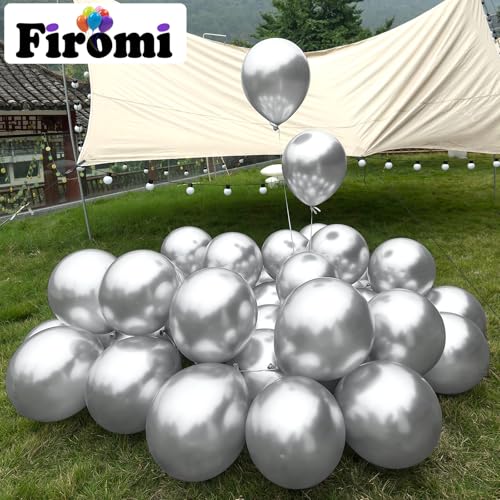 Image of Firomi Metallic Chrome Silver Balloons 12-inch 100 Pack (with 3 Ribbons) | Thicken Helium Shiny Silver Latex Balloon for Wedding Birthday Party New Year
