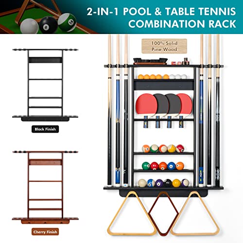 XCSOURCE Pool Stick Holder - 2-IN-1 Pool Cue & Ping Pong Paddle Rack, Solid Pine Wood Wall Mount for Billiards and Table Tennis Accessories, Man Cave, Game Room